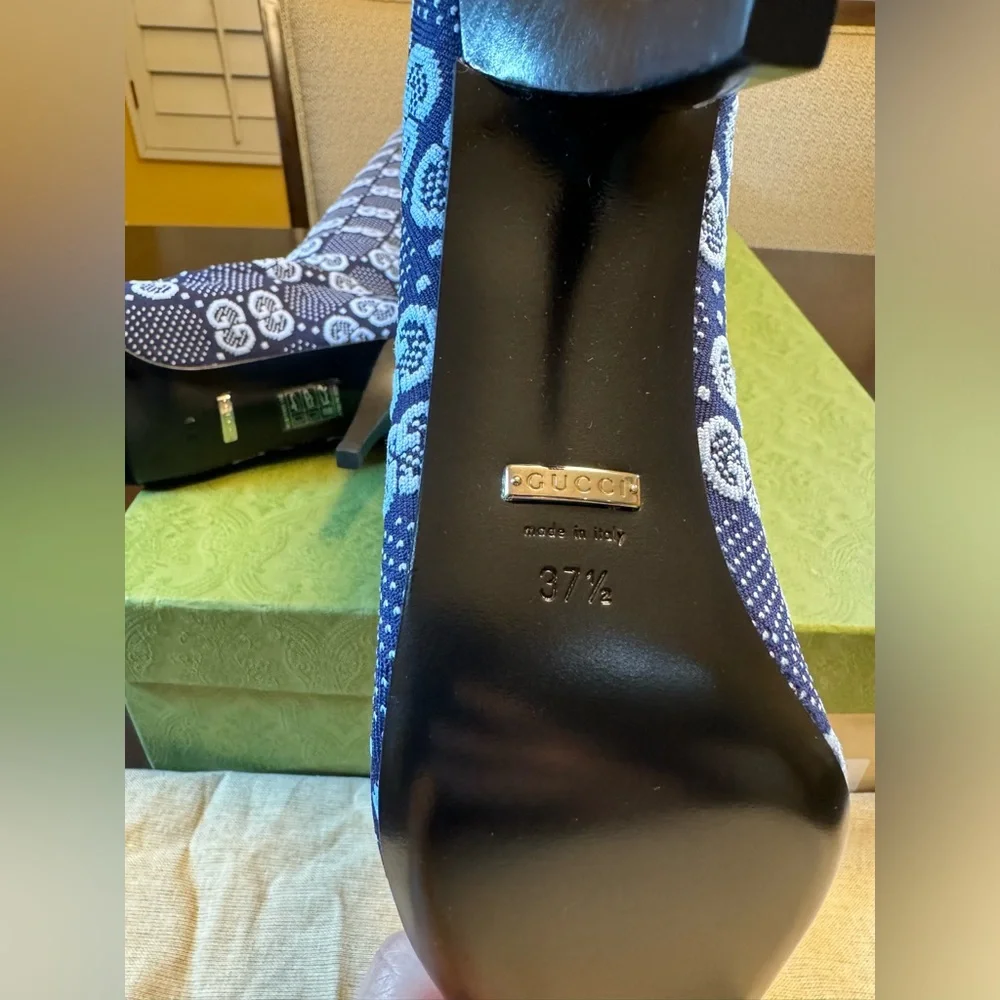 New Gucci GG Supreme Logo Knit Blue Knee High Boots Size 37.5 / US 7.5 - Picture 16 of 16
